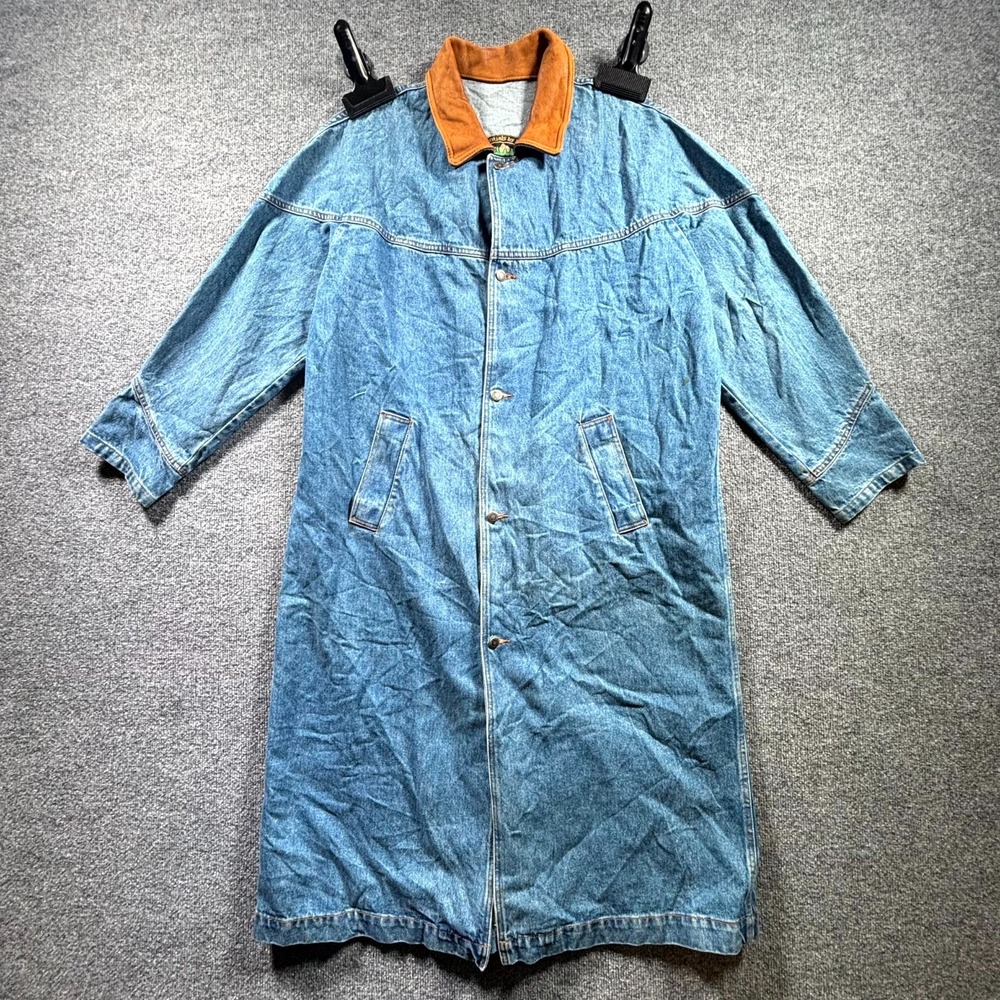 Vintage Essentials by DSI Denim Trench Coat Men Large Blue Cotton Leather Collar